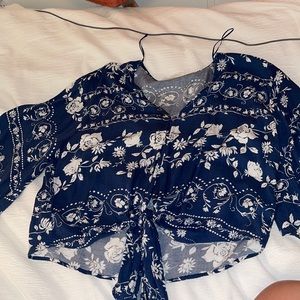 blue and white floral print blouse